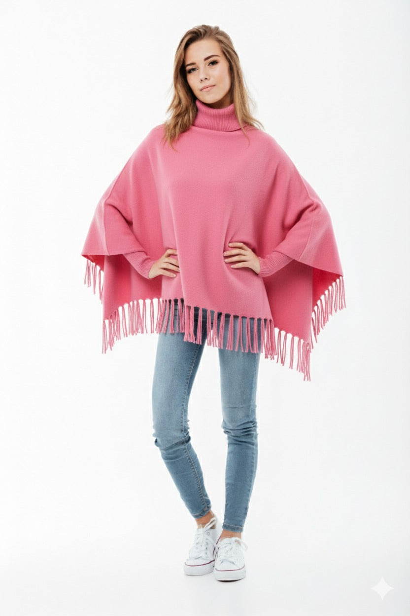 Girls Winter Fleece Poncho – High Neck & Tassels