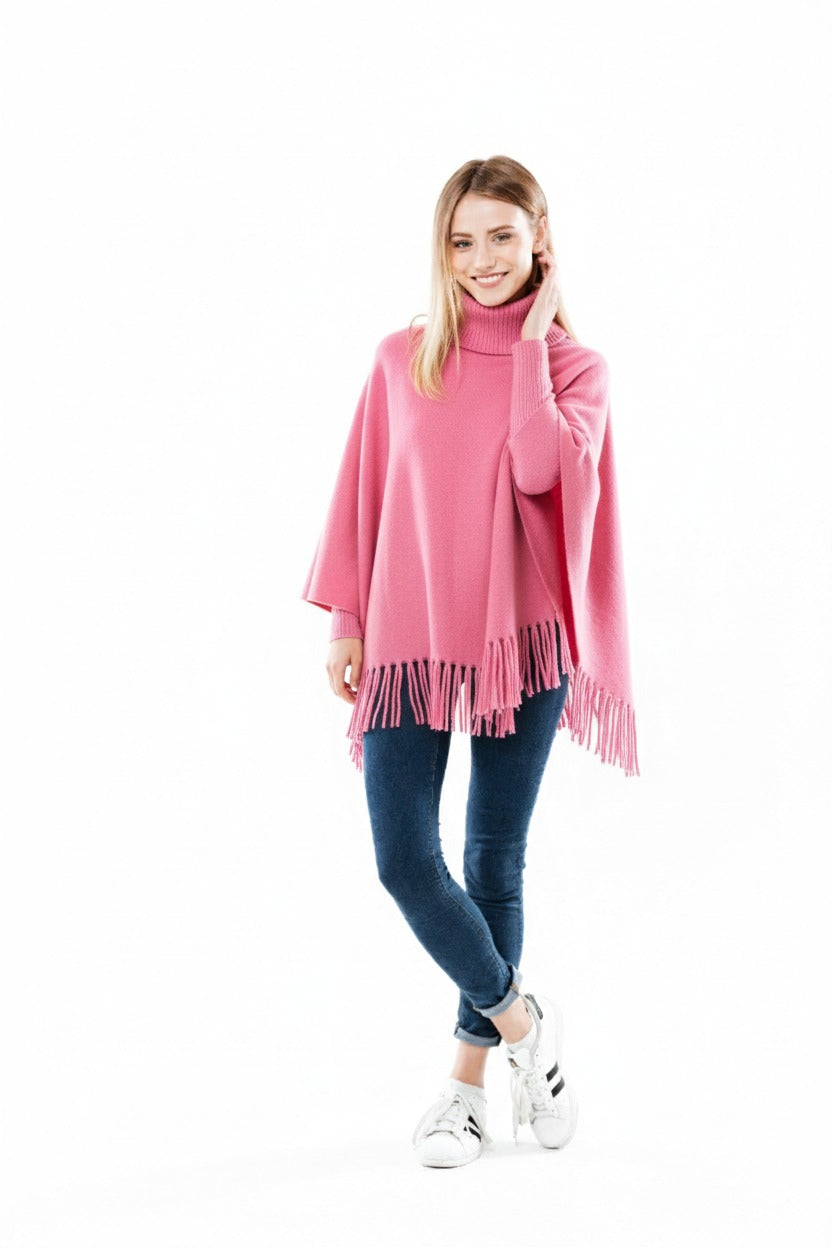 Girls Winter Fleece Poncho – High Neck & Tassels